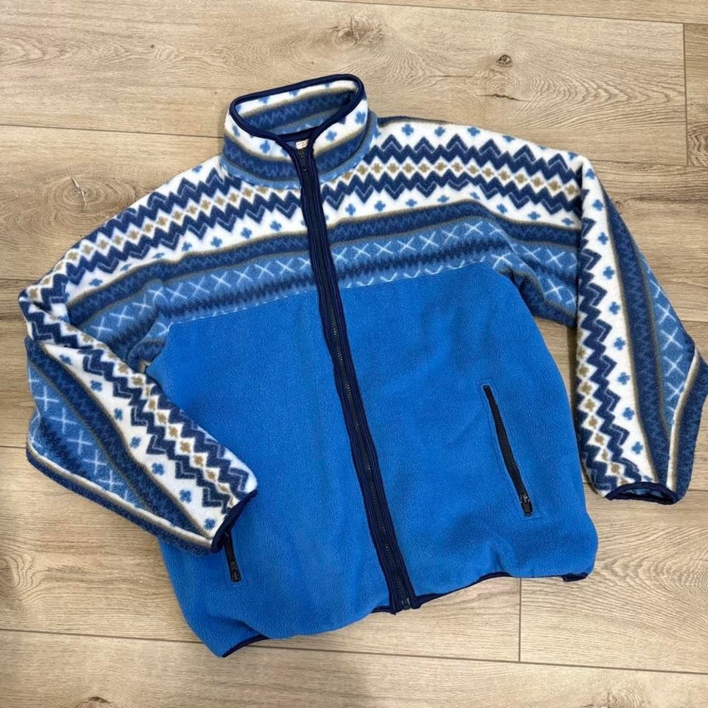 Y2K blue white nordic fleece zip jacket pockets women's LG/XL